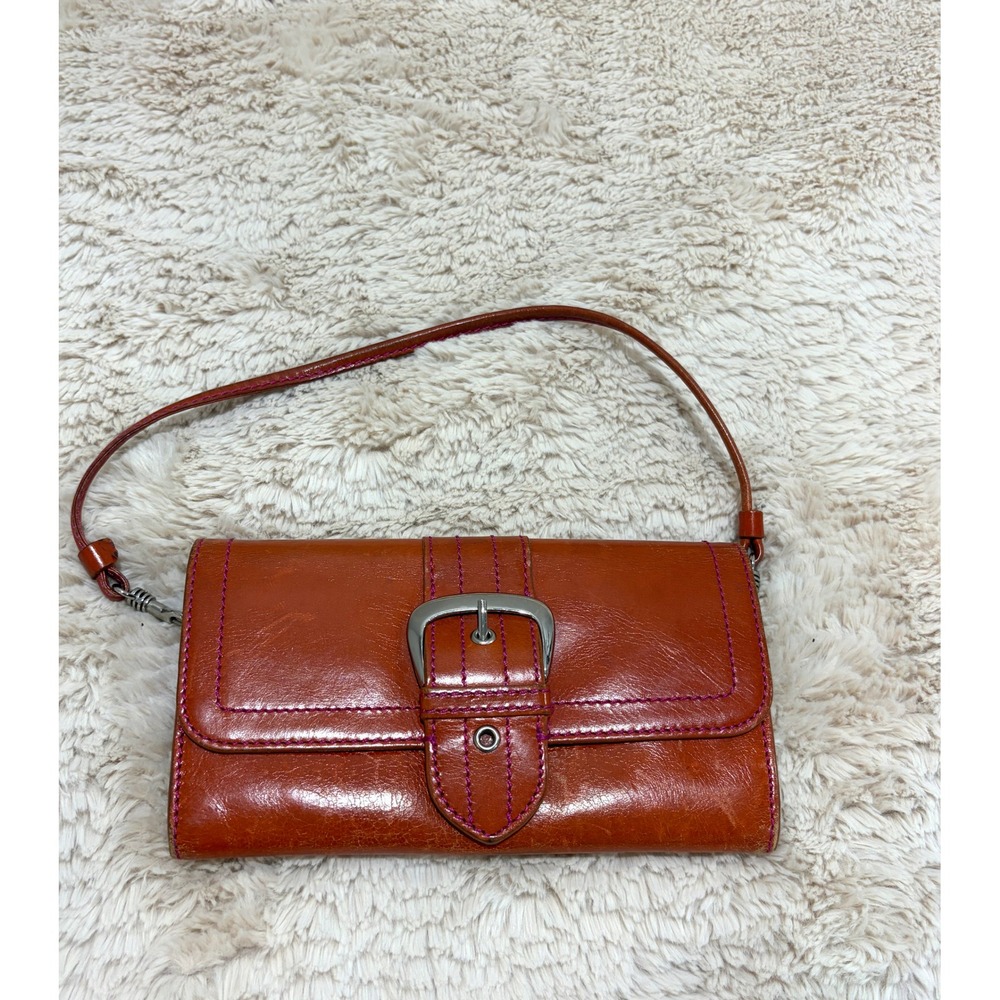 Vintage Y2K Nordstrom Leather Buckle Shoulder Bag Orange Pink Stitching Clutch